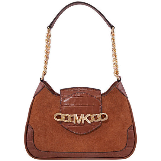 Brown Ladies Hally Small Suede And Crocodile Embossed Shoulder Bag