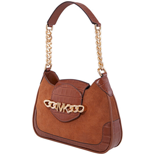 Brown Ladies Hally Small Suede And Crocodile Embossed Shoulder Bag
