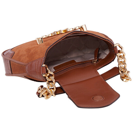 Brown Ladies Hally Small Suede And Crocodile Embossed Shoulder Bag
