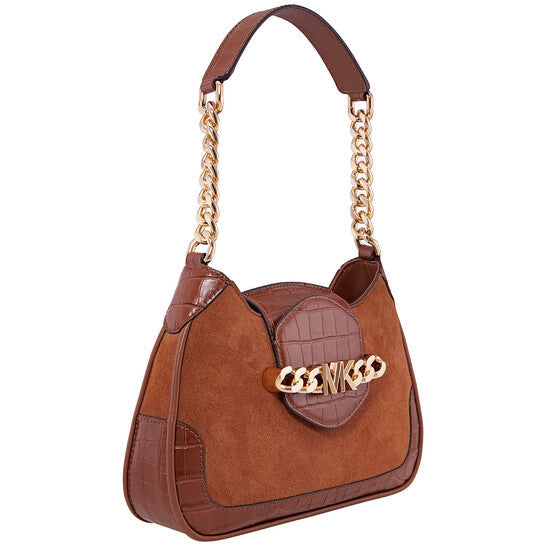 Brown Ladies Hally Small Suede And Crocodile Embossed Shoulder Bag